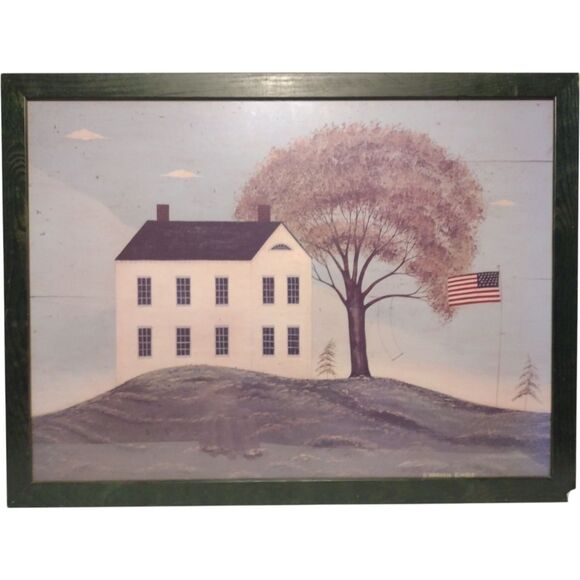 Warren Kimble House With Flag Green Wood Framed Print American Folk Art 23x30"